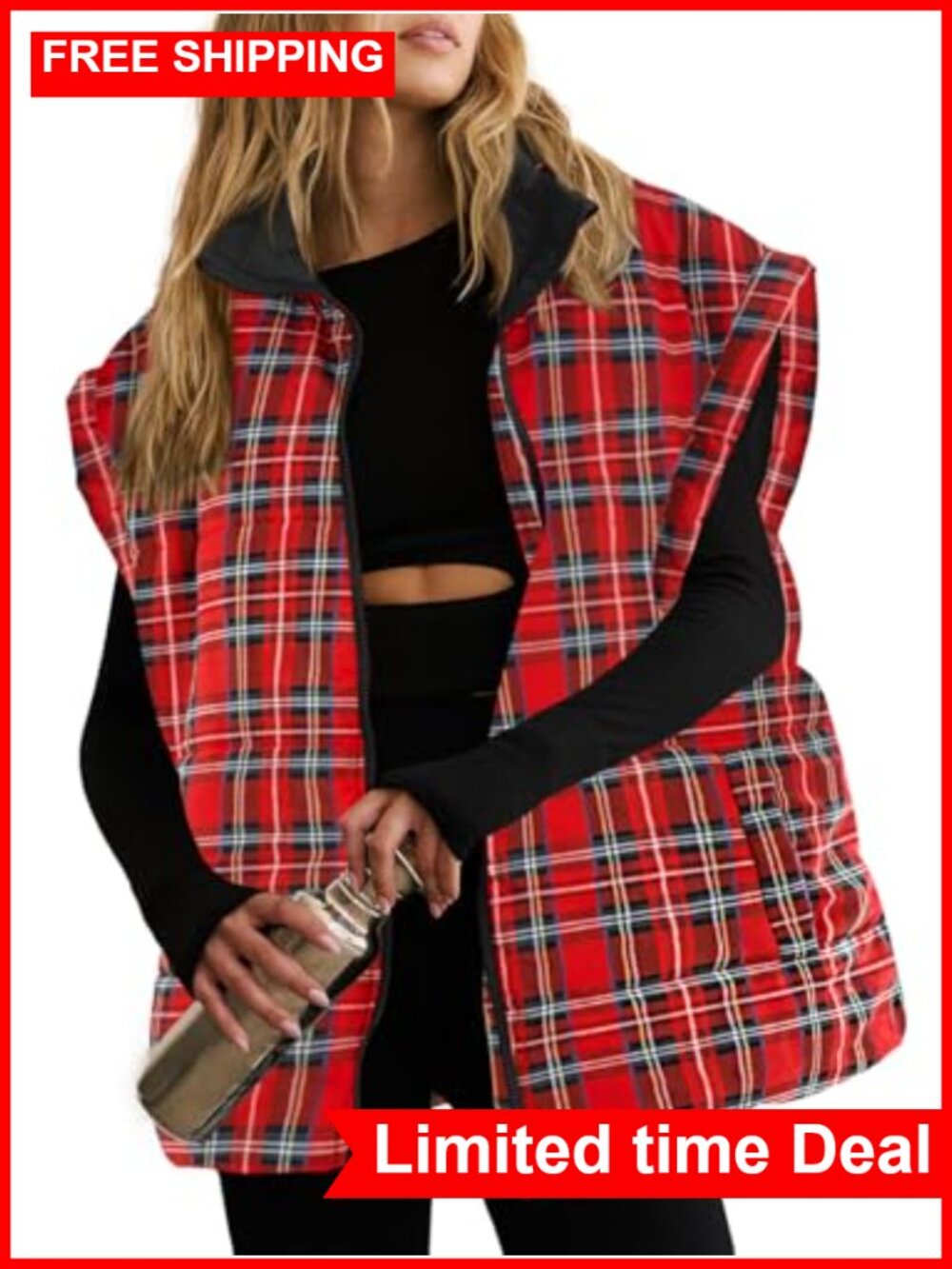 Oversized Plaid Floral Puffer Vest Quilted Zip-Up Cap Sleeve Women's